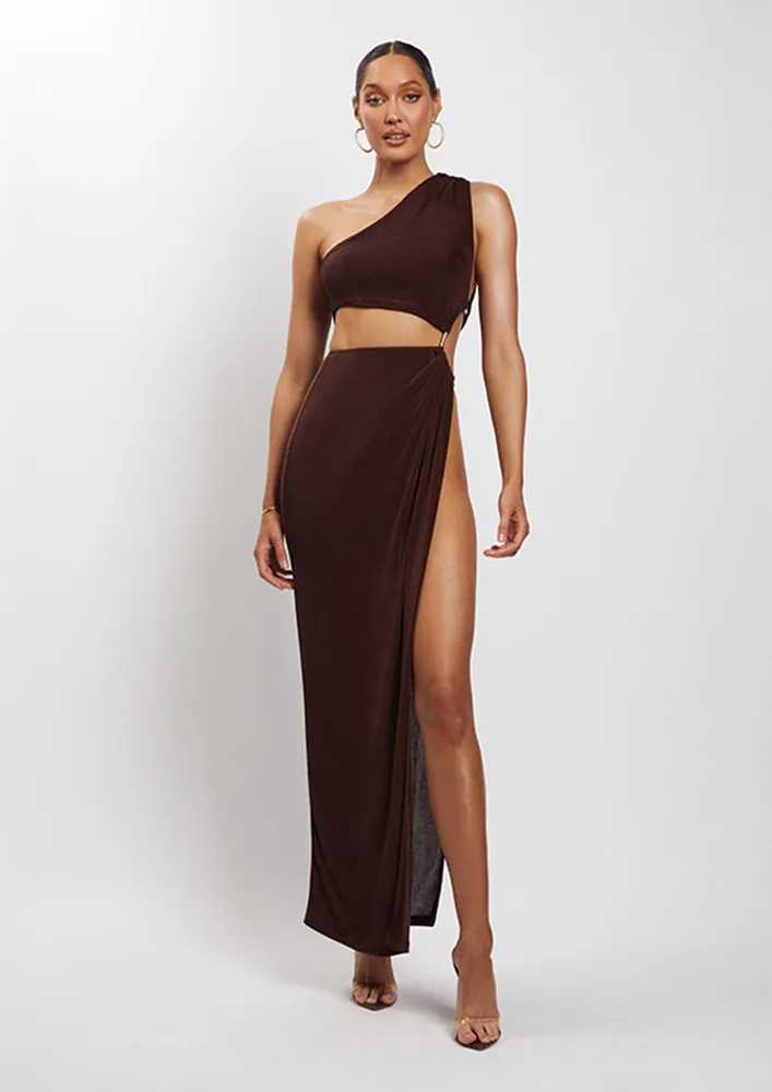 Brown Open-side Ruched One-shoulder Dress