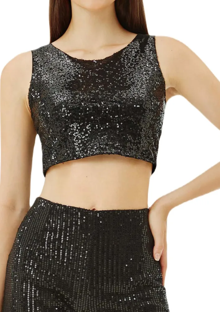 Black Sequin Crop Top