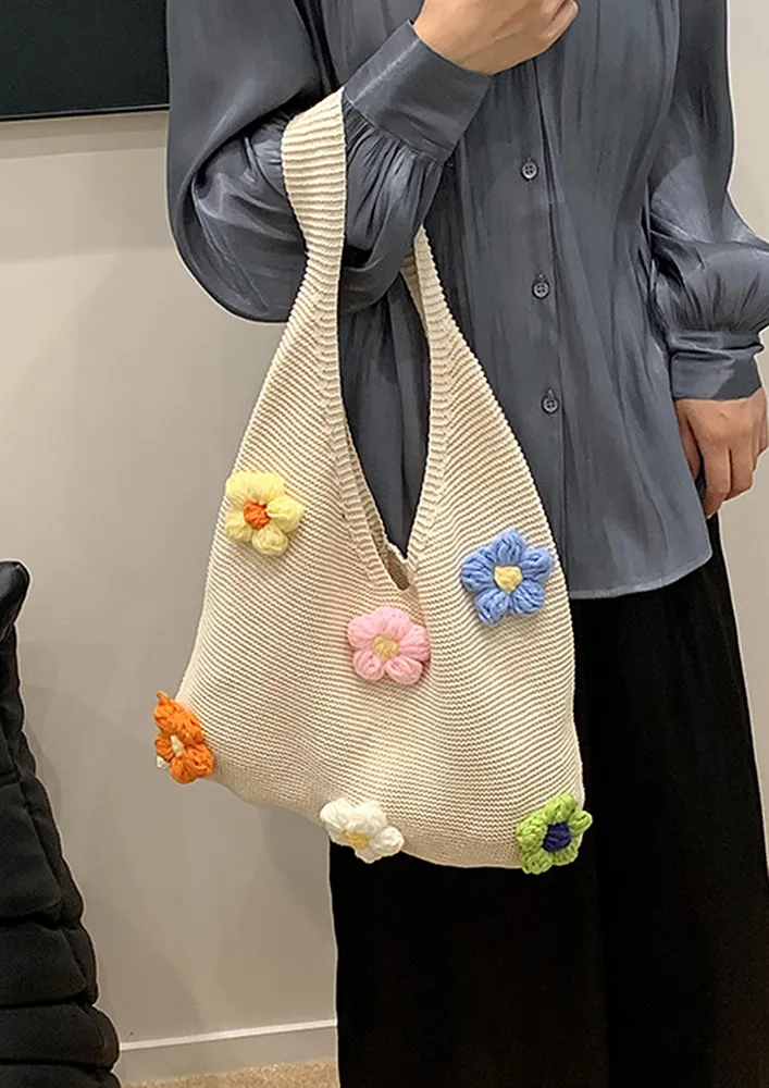 BEIGE FLORAL CROCHETED TOTE BAG