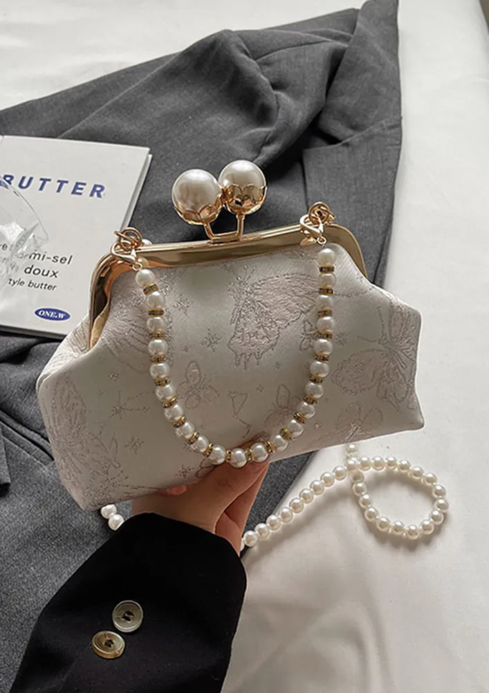 IMITATION PEARL STRAP PRINTED CLUTCH