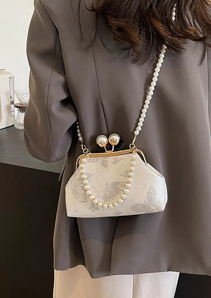 SILVER IMITATION PEARL STRAP CLUTCH