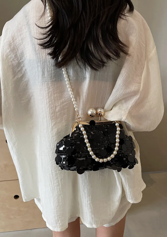 BLACK SEQUIN IMITATION PEARL CLUTCH