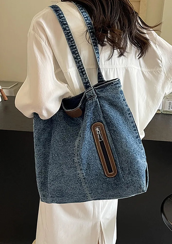 BLUE FADED-EFFECT DENIM TOTE BAG