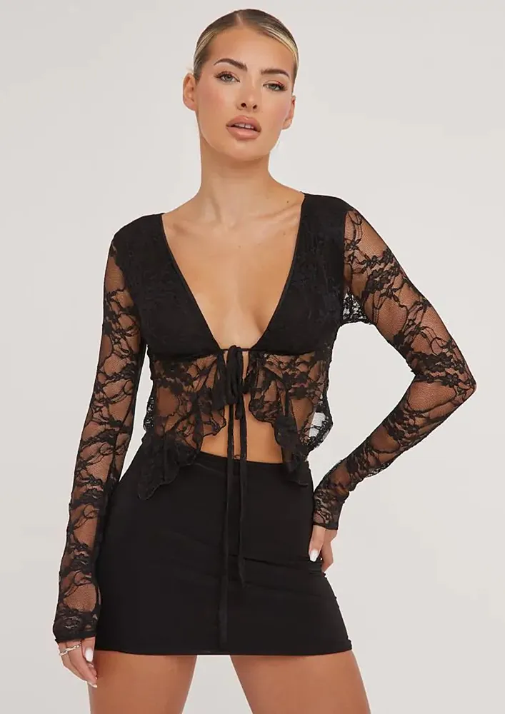 Black V-neck Irregular Lace Top