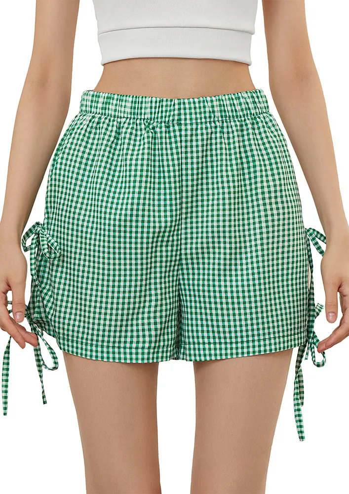 Green Gingham Print Straight Bowtie Shorts