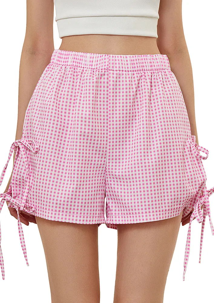 Pink Gingham Print Straight Bowtie Shorts