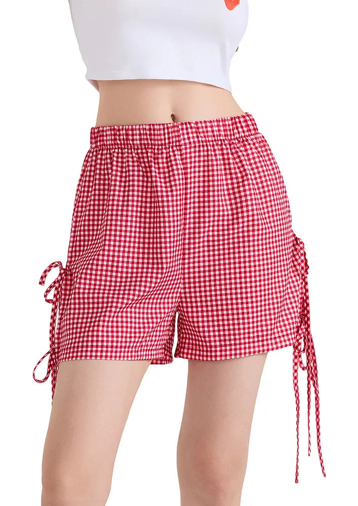 Red Gingham Print Straight Bowtie Shorts