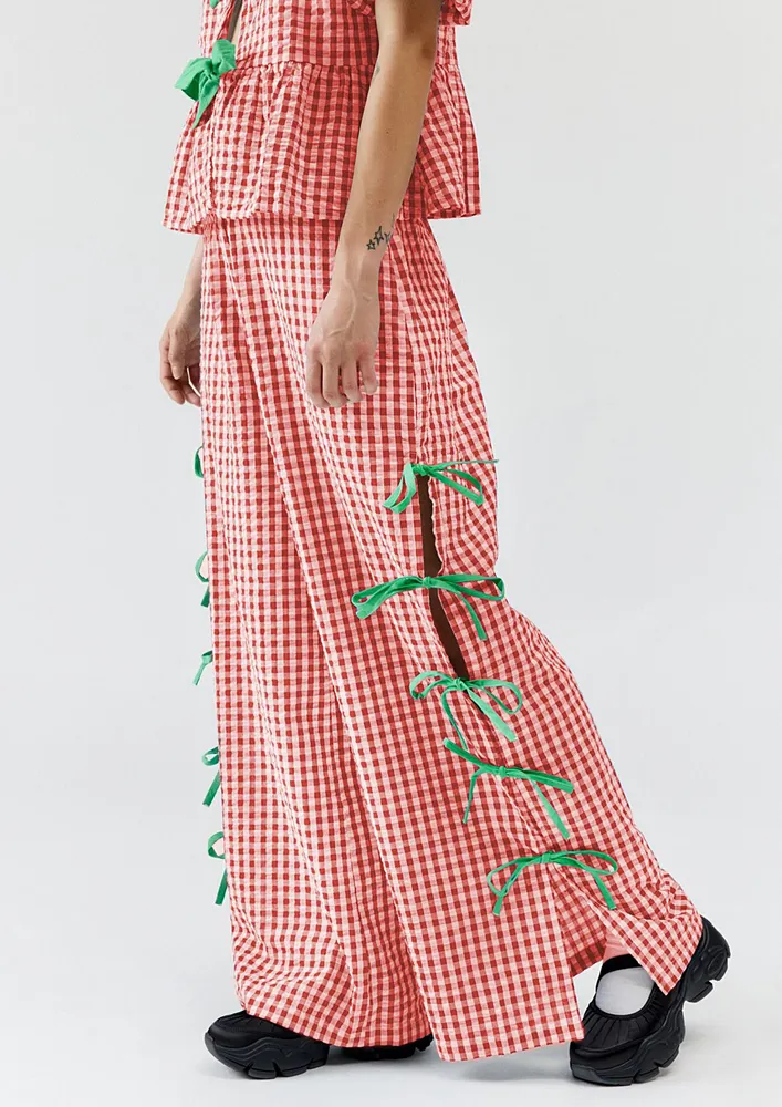 Red Gingham Print Bowknot Detail Wide Pants