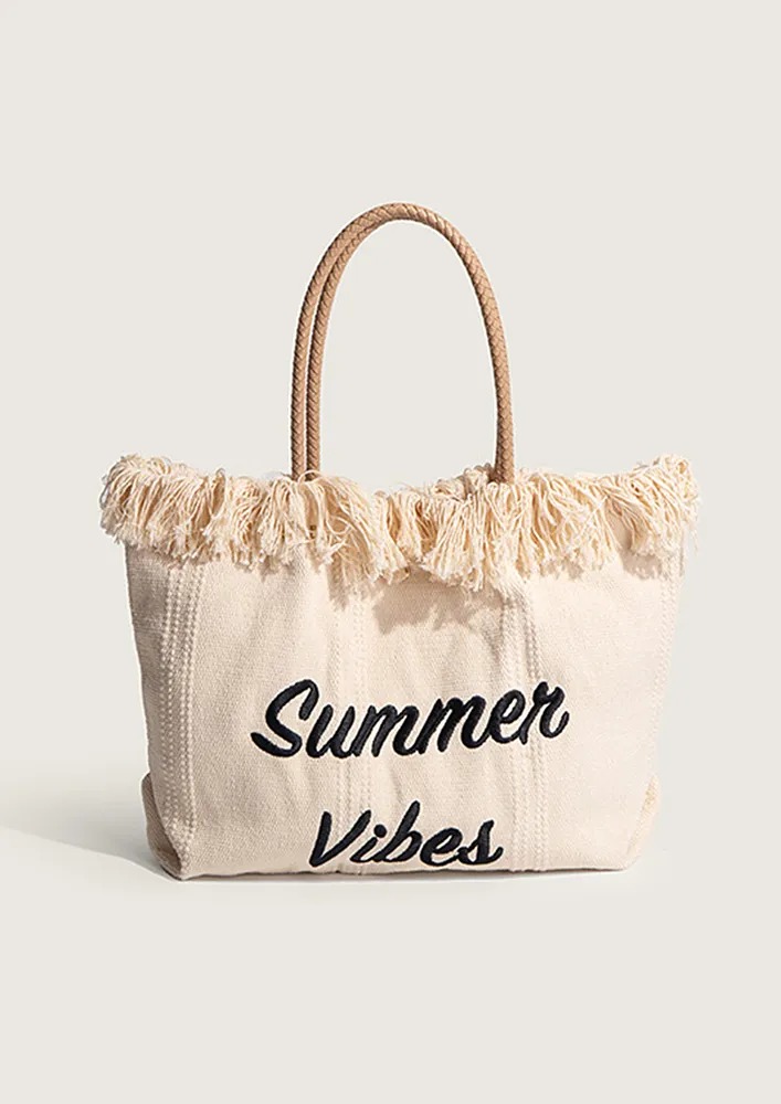 FRINGES DECOR WHITE TOTE BAG