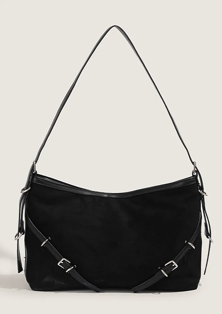 BUCKLE-BELT DECOR BLACK SHOULDER BAG