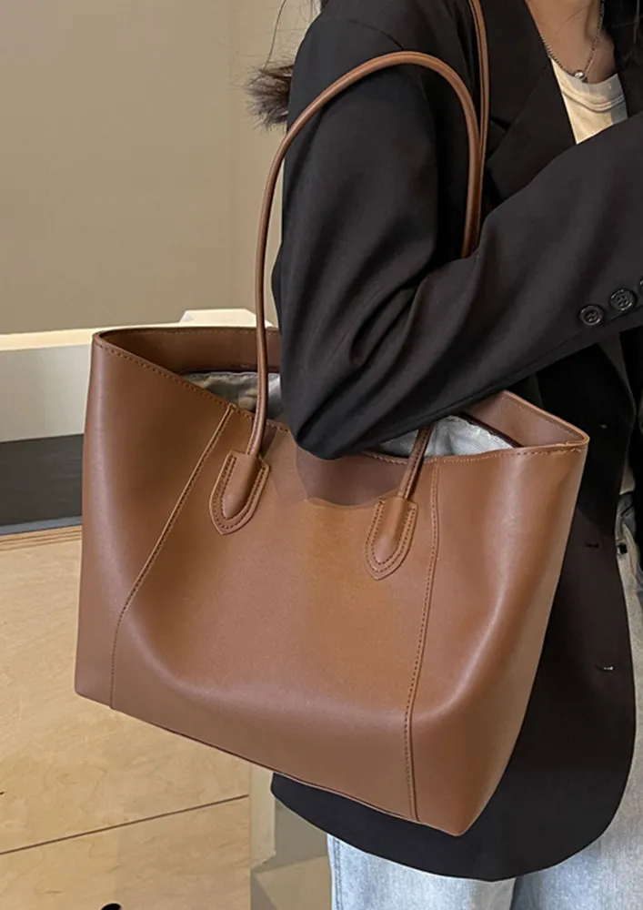 BROWN FAUX LEATHER TOTE BAG