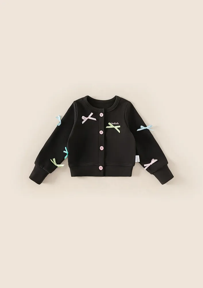 Black Bow Applique Cardigan For Girls