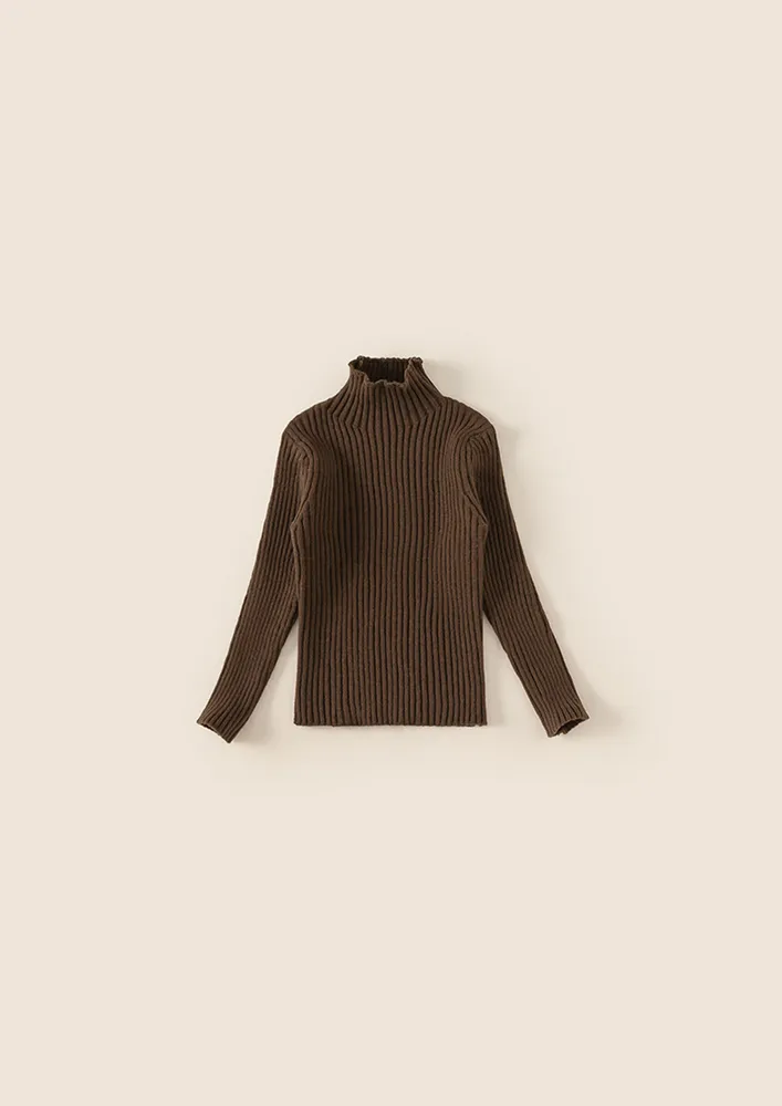 Girls Brown Knitted Polo Neck Sweater