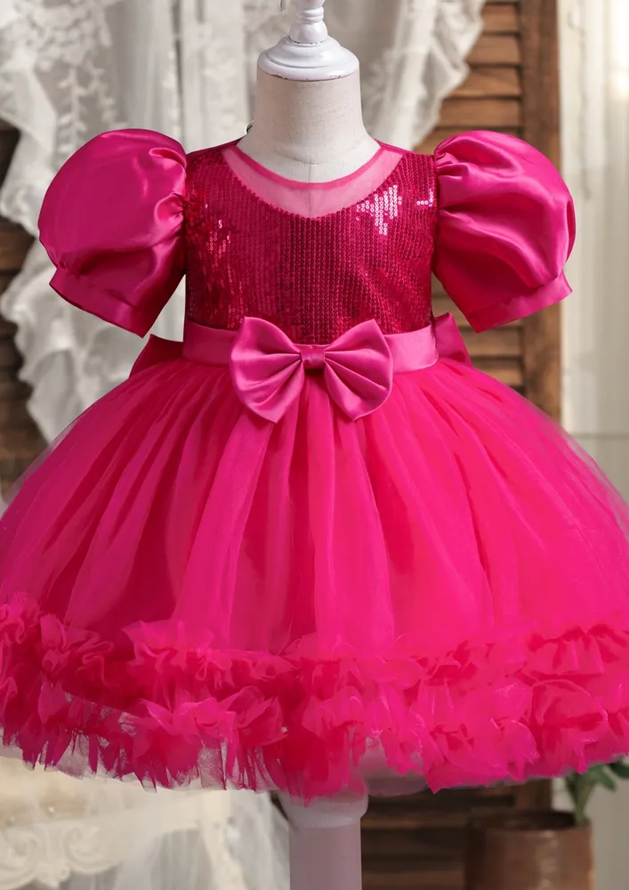 Girls Pink Bow Detail Puff Sleeve Dress
