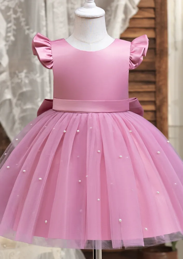 Girls Pink Embellished Back Bow Detail Dress