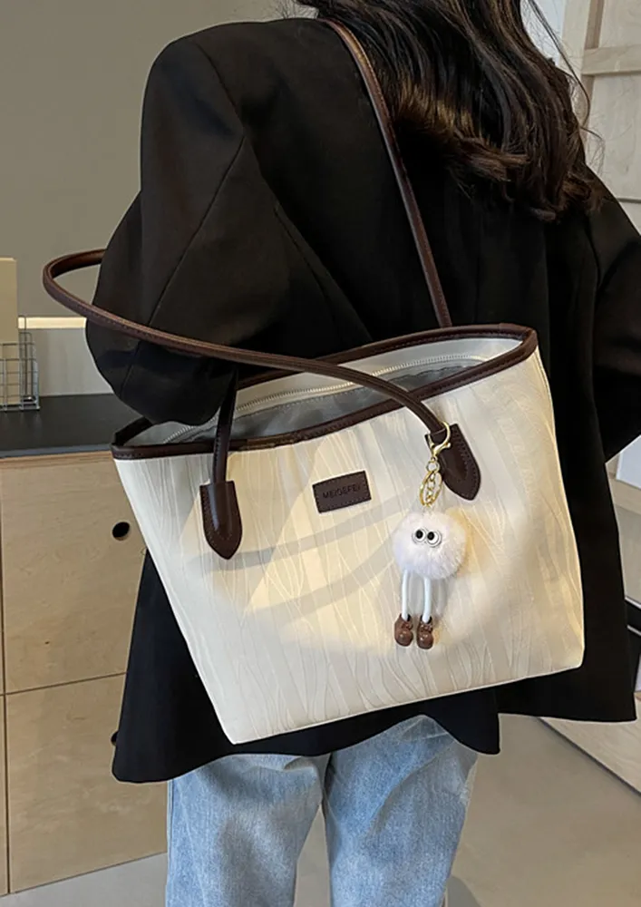 WHITE TEXTURED DOUBLE STRAPS TOTE BAG