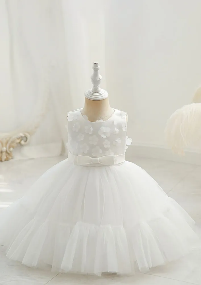 Girls White Floral Applique Fit And Flare Dress