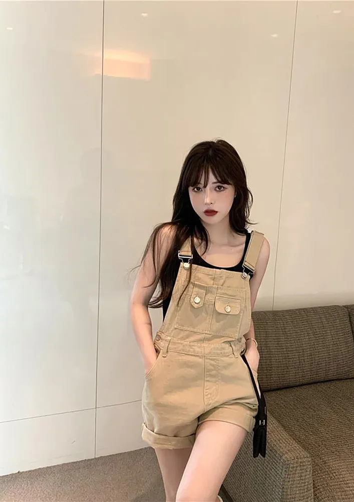 Regular Fit Khaki Short Denim Dungaree