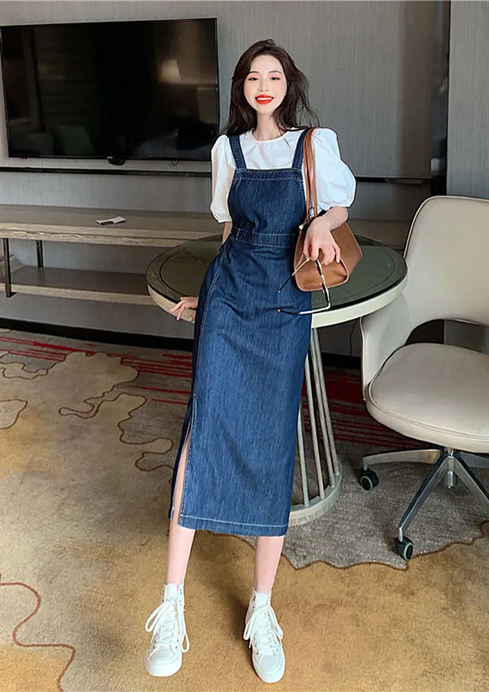 Blue A-line Denim Pinafore Dress