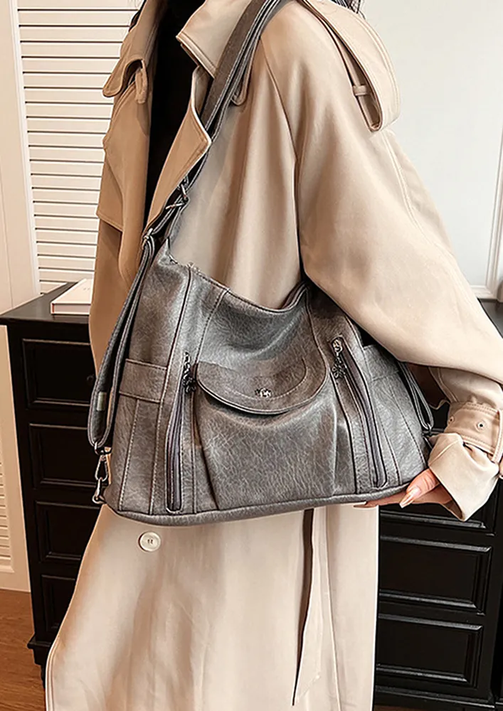 GREY VINTAGE SHOULDER-STRAP PU HANDBAG