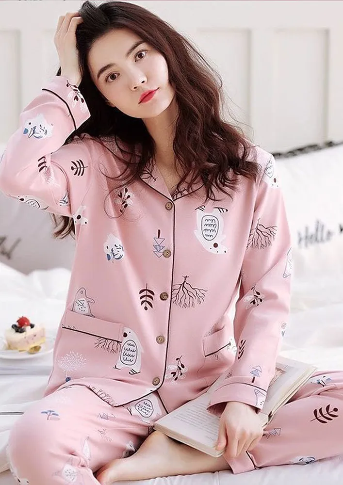 PINK MOTIF PRINTS PYJAMA SET