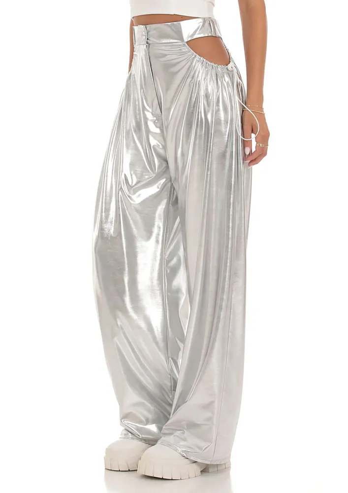 Metallic Cut-out Waist Drawstring Detail Pants