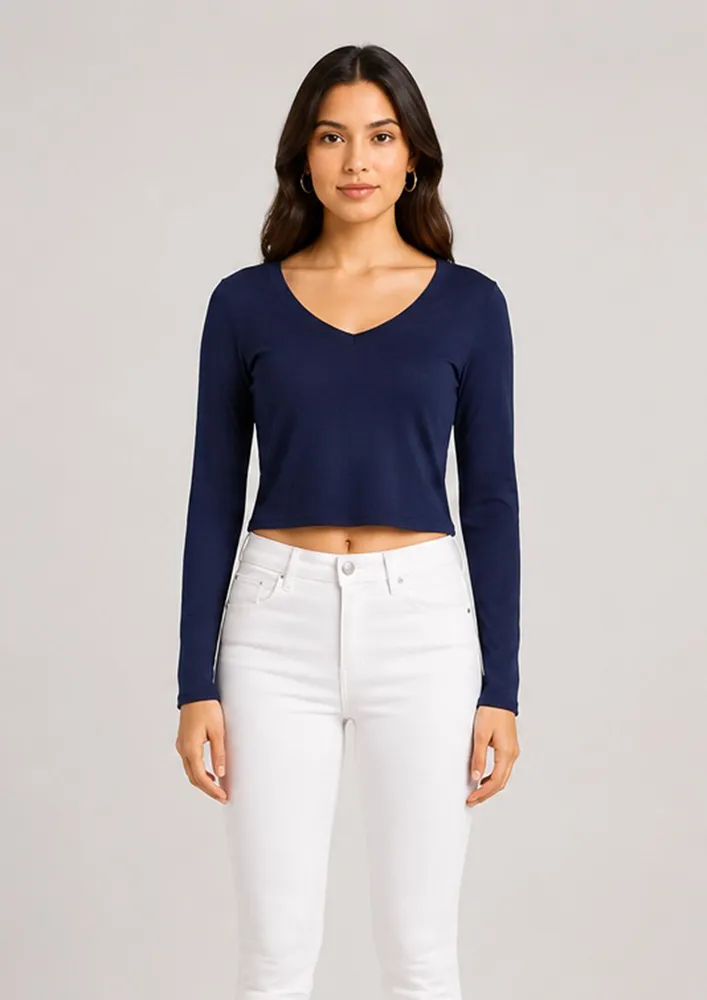 BLUE RIBBED SOLID CROP TOP