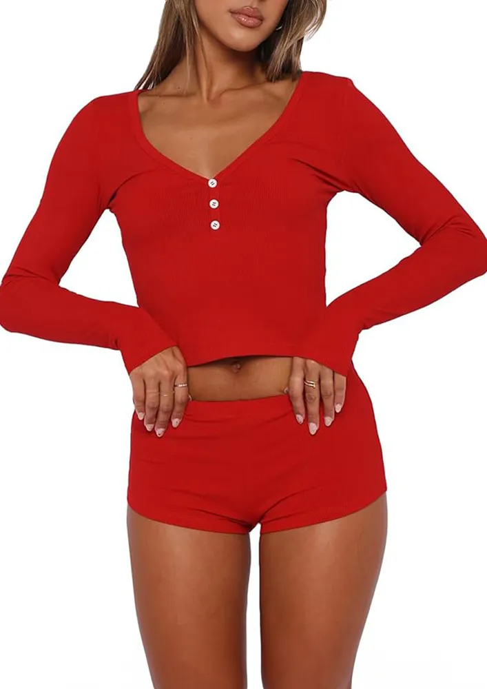 Red Loungwear Slim Top & Shorts Set