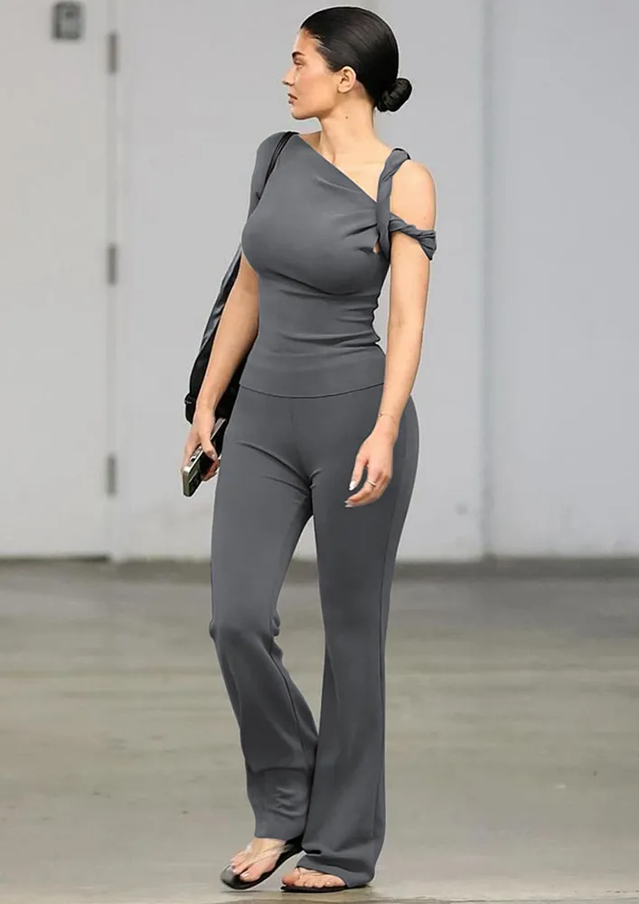 Grey Twisted-strap Top & Bootcut Pants