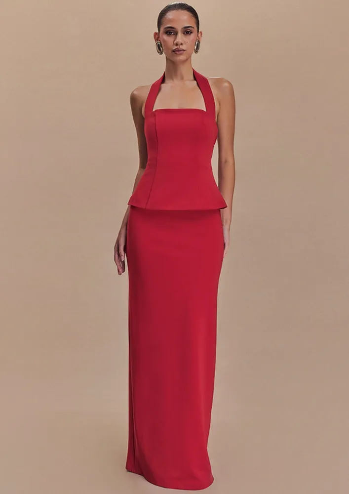 Red Halter Top With Long Skirt