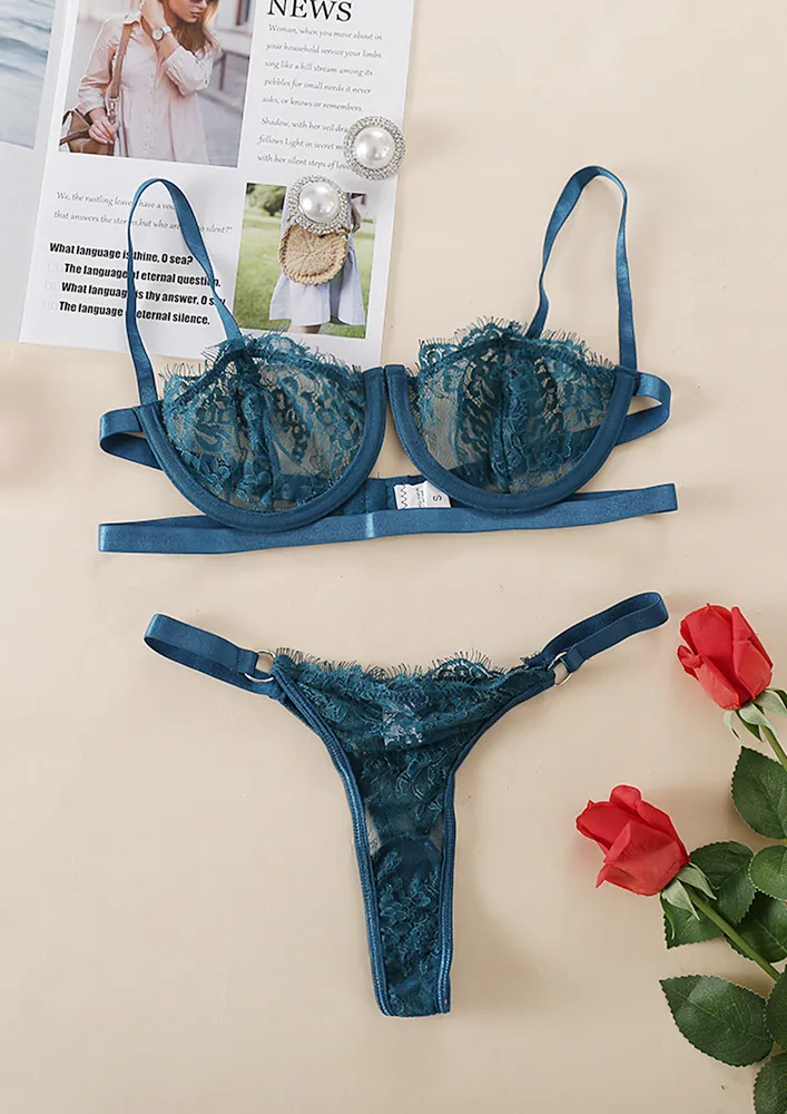 Deep Blue Sheer Lace Bra And Thong