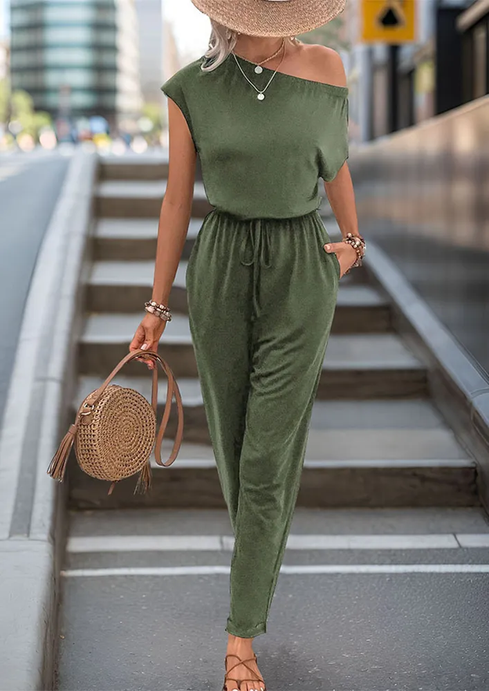 Green Drawstring-waist Asymmetric Jumpsuit