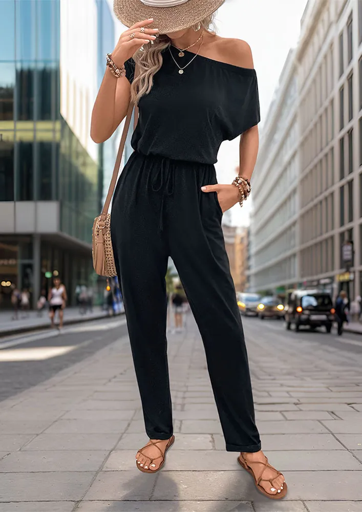 Black Drawstring-waist Asymmetric Jumpsuit