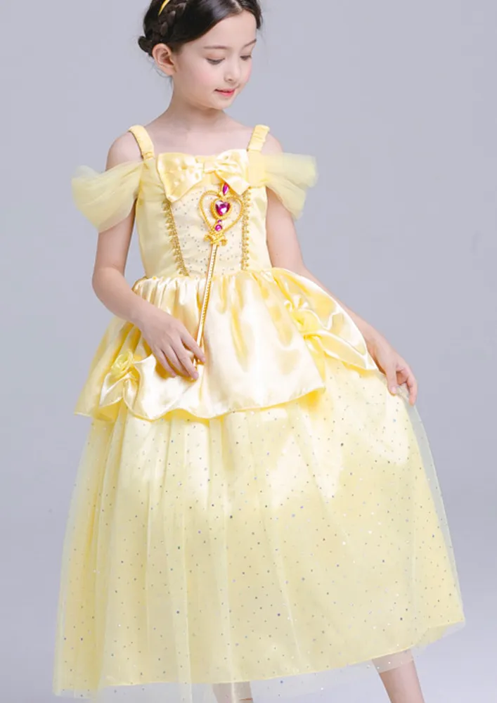 Girls Yellow Embellished Cold-shoulder Dress