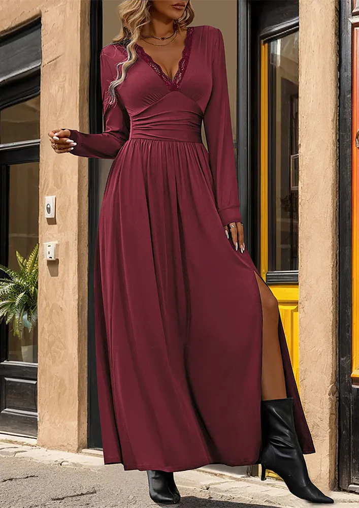 Crimson Slit Lace-trimmed Maxi Dress