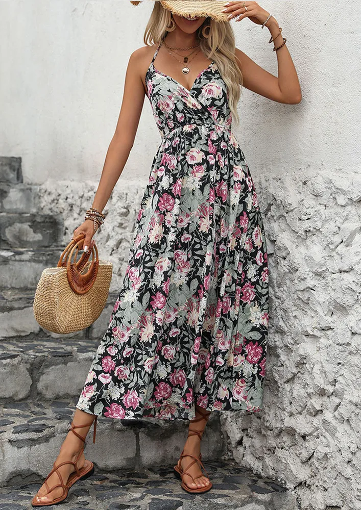 Black Floral Print Backless Midi Dress