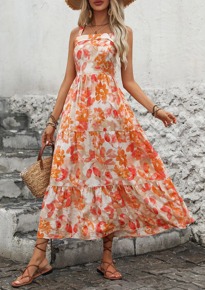 Printed Orange Tiered Dress