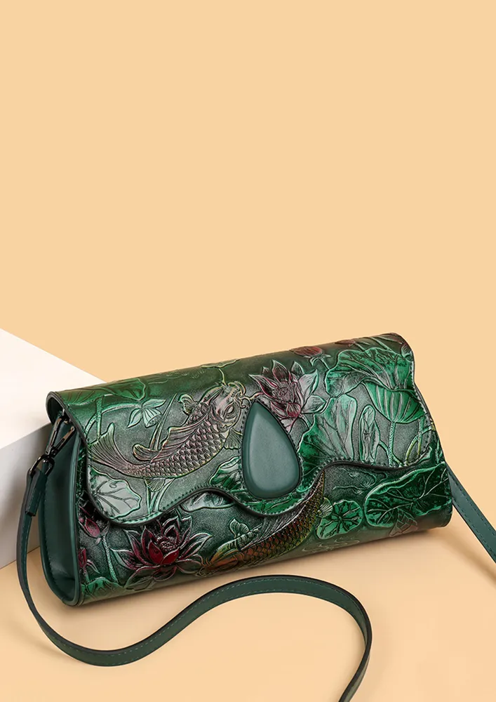 GREEN VINTAGE CARVED CROSSBODY BAG