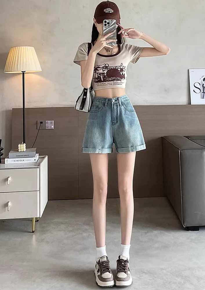Blue Folded-hem Wide Denim Shorts