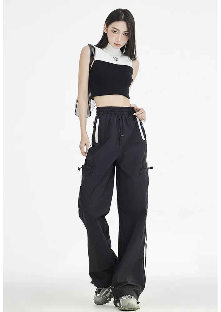 Black Cord-stopper High-waist Pants