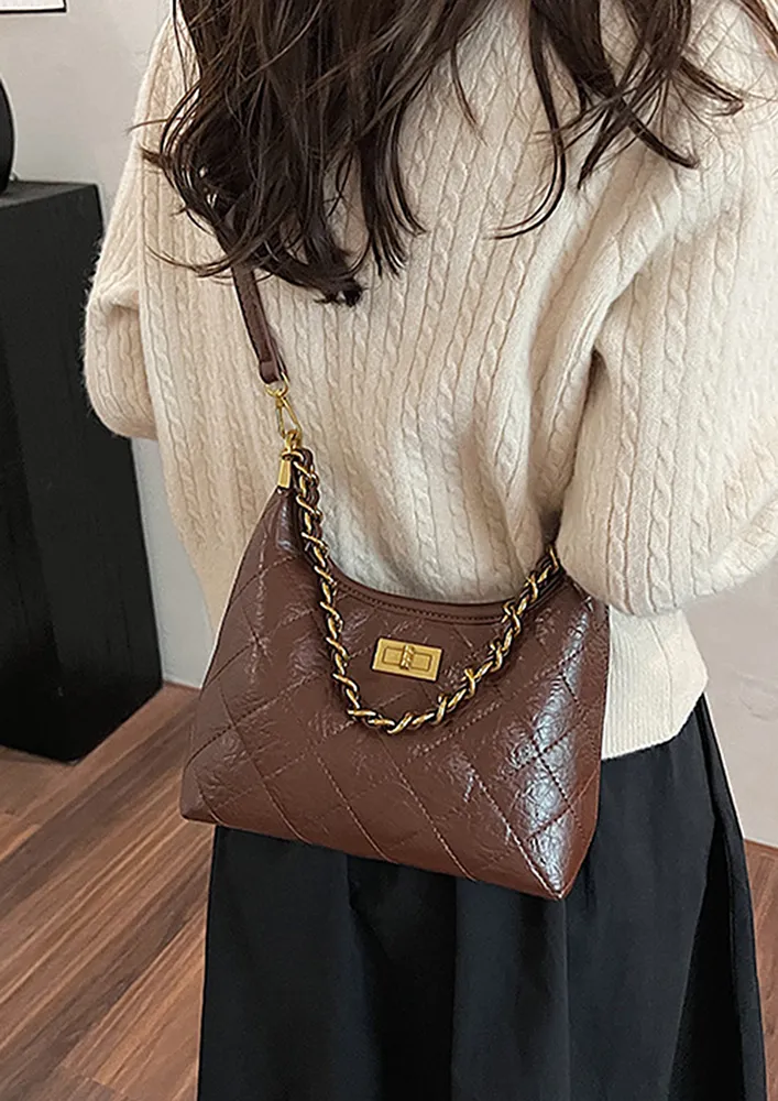 BROWN QUILTED CROSSBODY PU LEATHER BAG