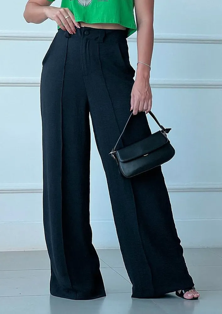 BLACK WIDE TWILL MID-WAIST TROUSER