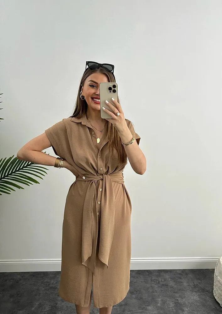 BROWN BELT-TIE MIDI SHIRT DRESS