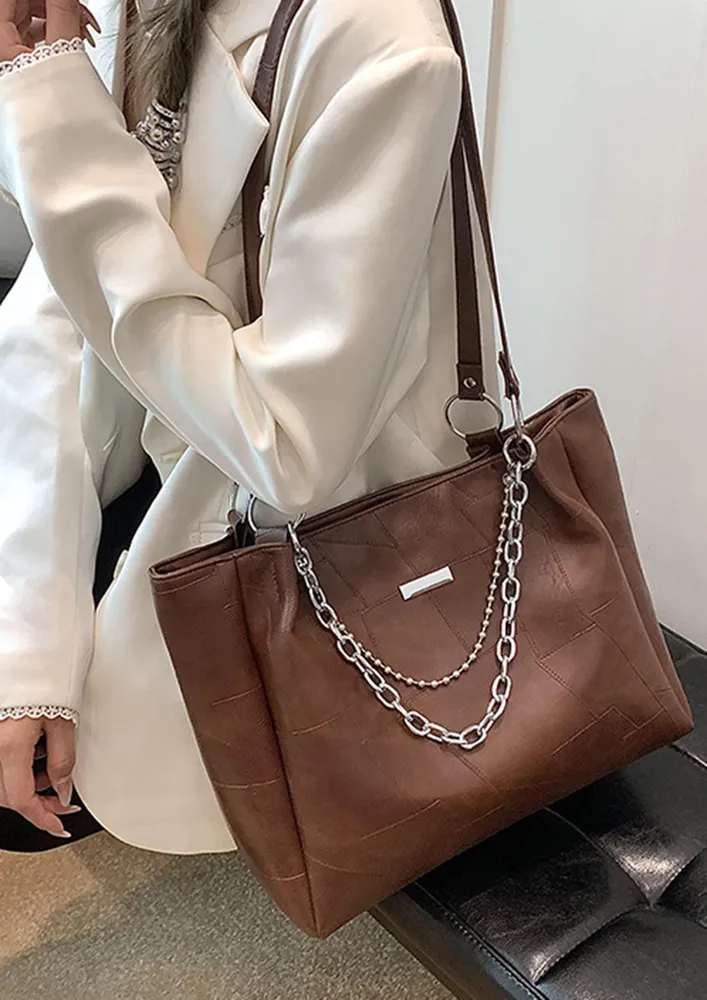 BROWN DOUBLE CHAIN STRAP TOTE BAG