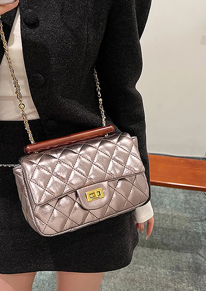 BRONZE PU QUILTED RECTANGULAR SLING BAG