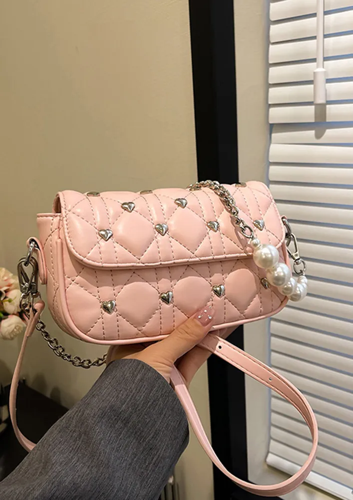 PINK QUILTED METAL DETAIL CROSSBODY BAG