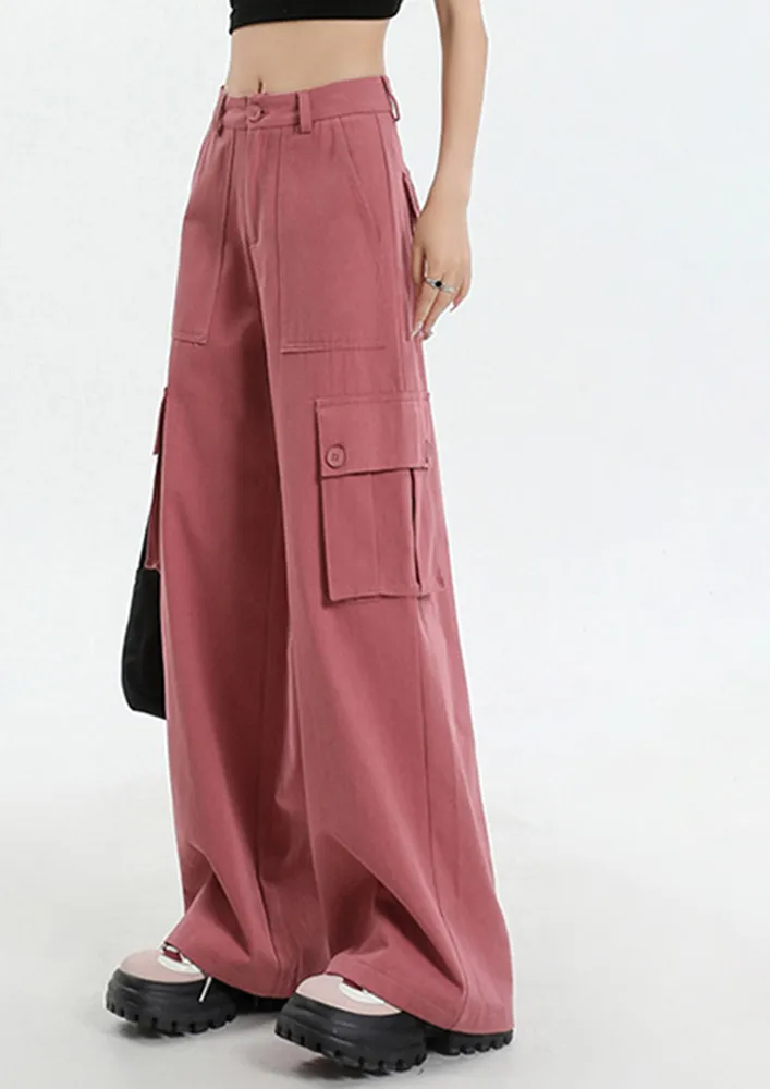 Pink Multi-pocket Wide Cargo Pants