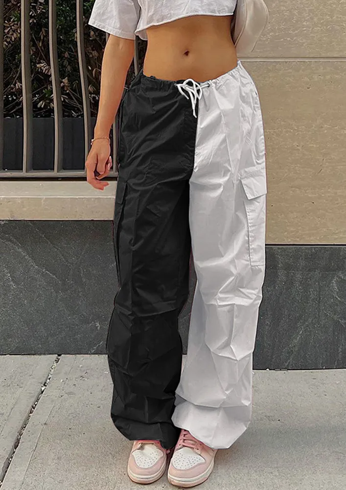 COLOURBLOCKED BLACK AND WHITE PARACHUTE PANTS