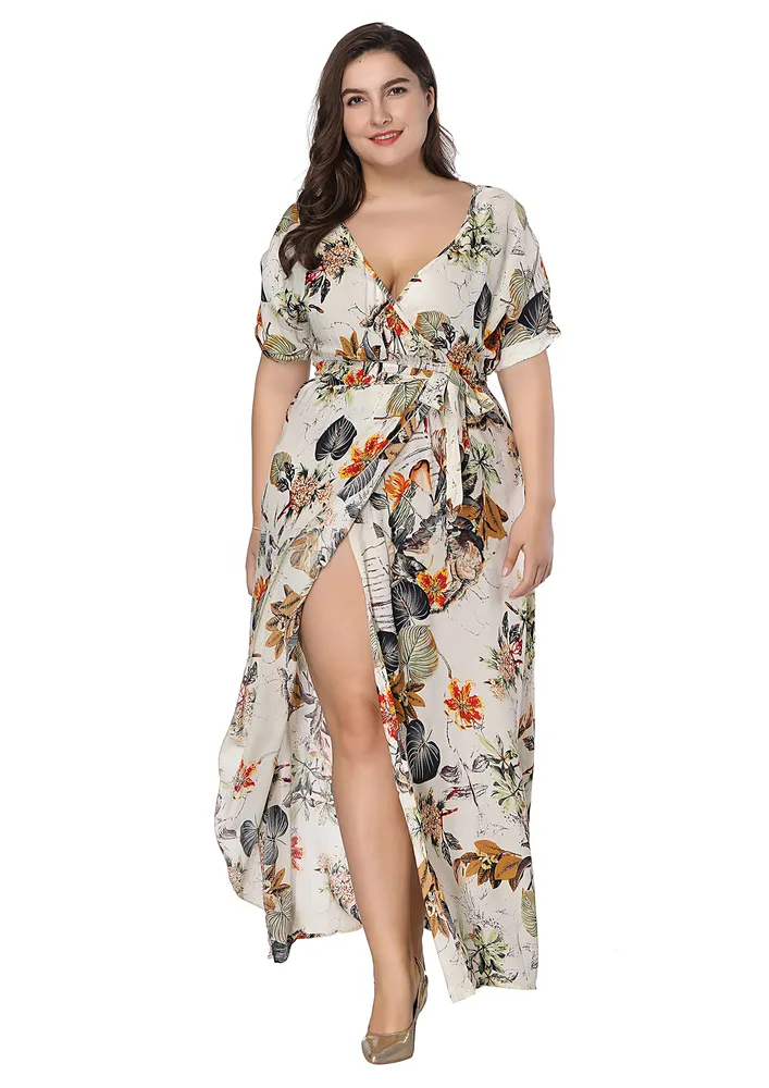 Printed Apricot Plus Size Wrap Dress