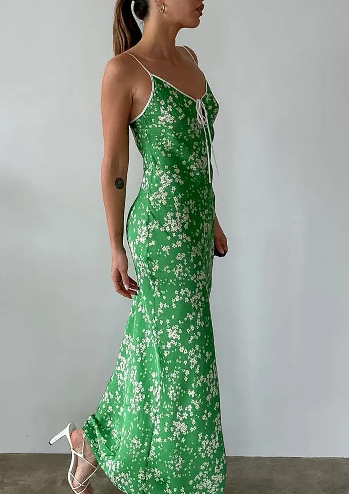 Floral Print Green Long Slip Dress